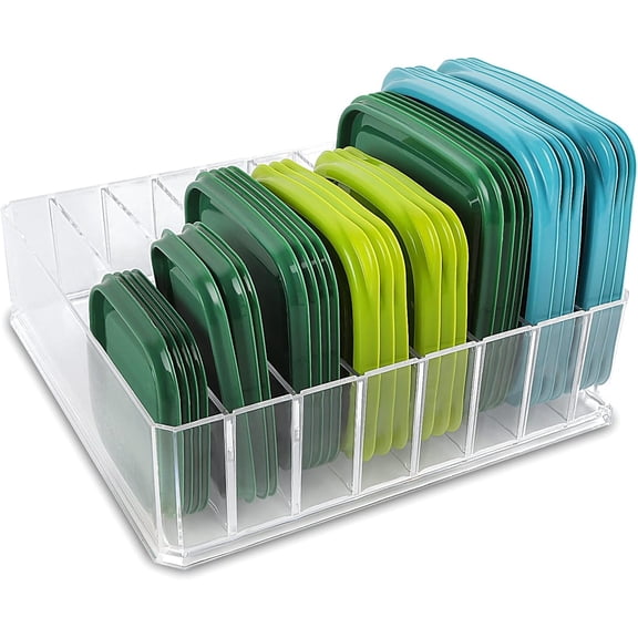 Food Container Lid Organizer — Plastic Lid Rack with 7 Adjustable Dividers, Suitable for Kitchen Cabinets, Drawers, and Countertops