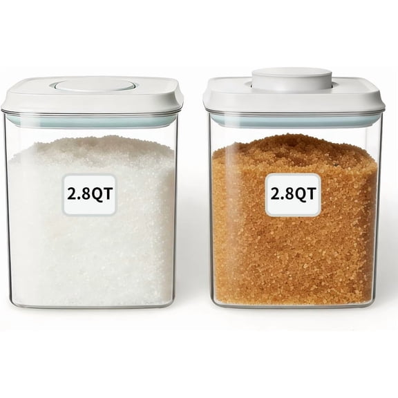 Food Storage Container Set 2.8 Qt ×2 with Lids, Airtight Pantry Canisters, BPA-Free Plastic Flour Sugar Storage Containers, One-Touch Press-to-Open Lids, Stackable Clear Jars for Rice, Cereal, Coffee