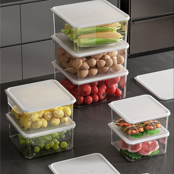 Food Storage Container - Stackable Refrigerator Organizer Box with Lid Transparent Plastic for Kitchen Pantry, 21.5 x 21.5 x 10 in, (White), JASKFLY