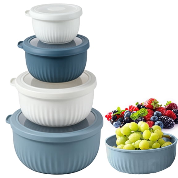 Food Storage Container with Silicone Rim Lid - Blue & White Tall Nesting Bowl, Leakproof Prep Bowl Set for Meal Prep & Leftovers