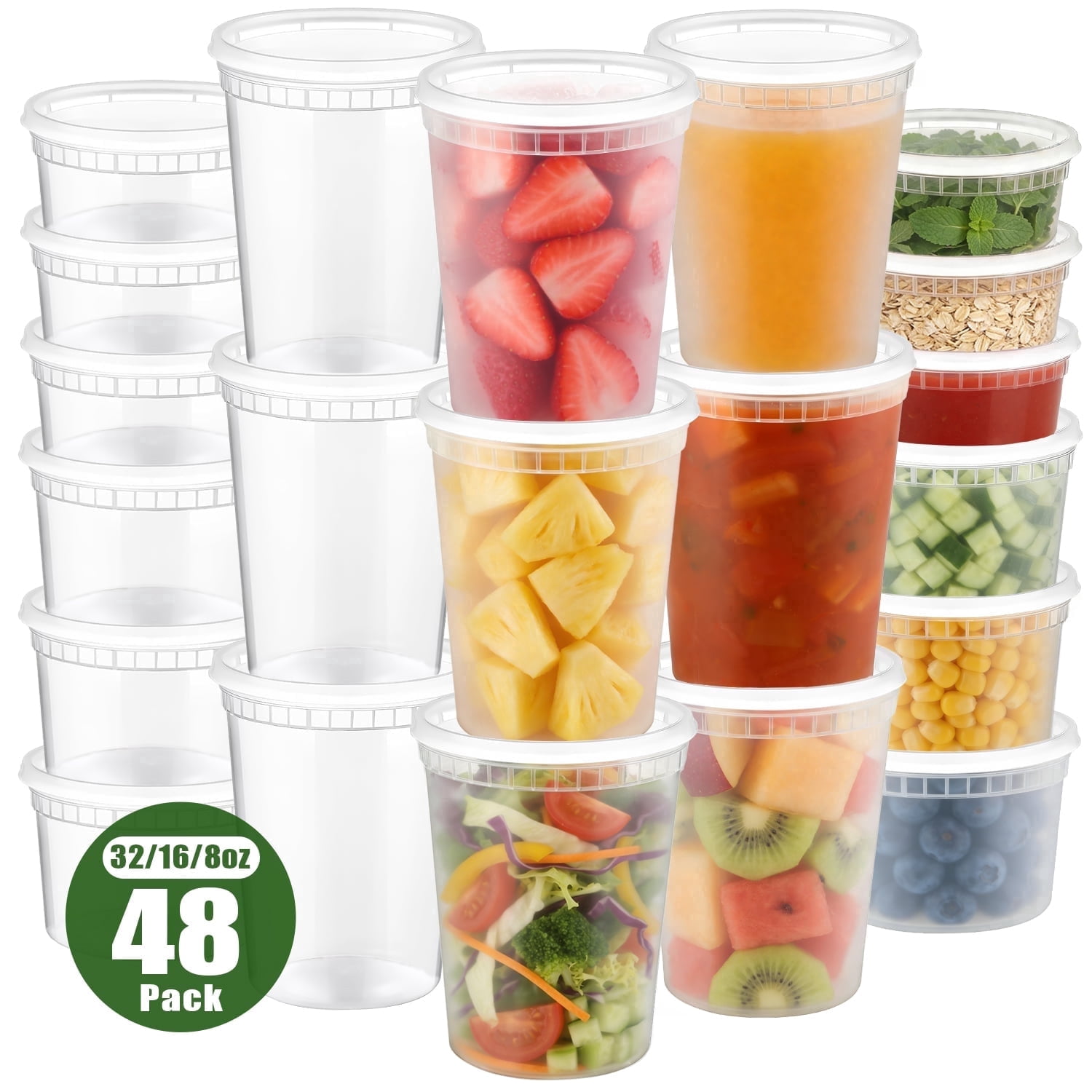 TINANA Food Storage Containers 48Pack, 32/16/8oz Plastic Deli Containers with Lids, Slime, Soup, Meal Prep Containers, BPA Free, Leakproof, Microwave Freezer Dishwasher Safe