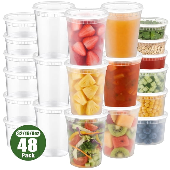 TINANA Food Storage Containers 48Pack, 32/16/8oz Plastic Deli Containers with Lids, Slime, Soup, Meal Prep Containers, BPA Free, Leakproof, Microwave Freezer Dishwasher Safe
