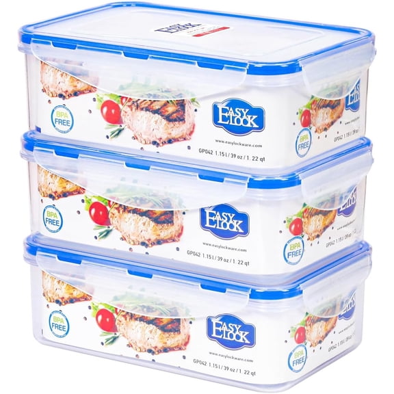 Food Storage Containers - 4-Sided Locking Airtight Lids, Leak-Proof & Stackable, Ideal for Meal Prep, Lunch & Leftovers, Microwave, Freezer & Dishwasher Safe, BPA-Free Plastic (4.8 Cup 3 PACK)