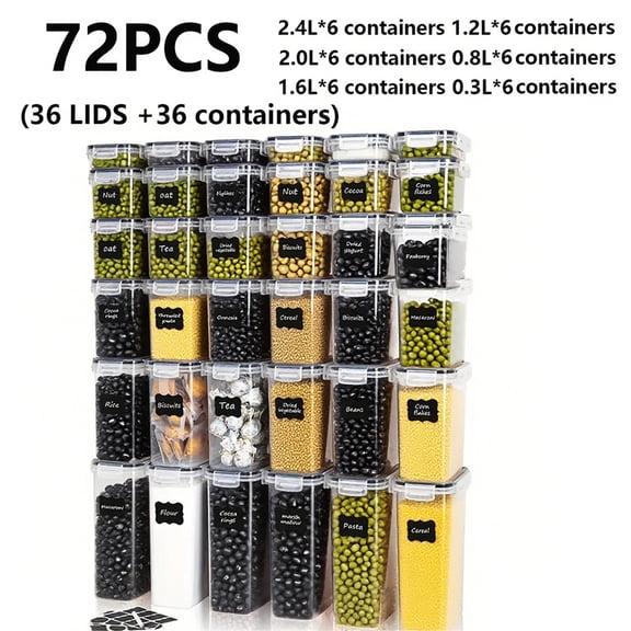 Food Storage Containers with Airtight Lid Seals, Available in 30, 48, or 72-Piece Sets, Ideal for Keeping Pasta, Snacks, and Coarse Grains Fresh, Kitchen Organization Solution