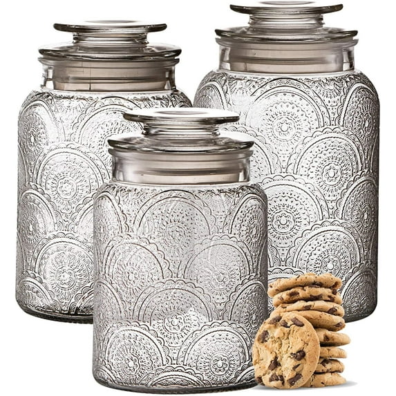 Food Storage Containers with Airtight Lids - Retro Design - Pantry Organization, Glass Canisters Storage for Cookies, Tea, Sugar, Candy Jars, Sugar Packet, Set of 3
