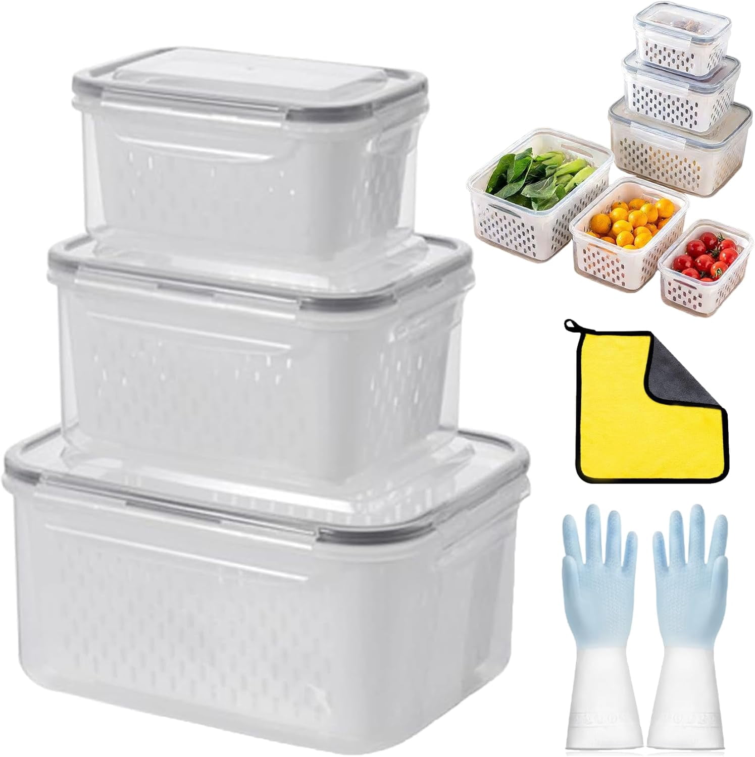 Food Storage Containers For Fridge With Removable Colander, 4 in 1 Stackable Food Box Set, Space Saving Organizer for Berries, Produce and Pantry