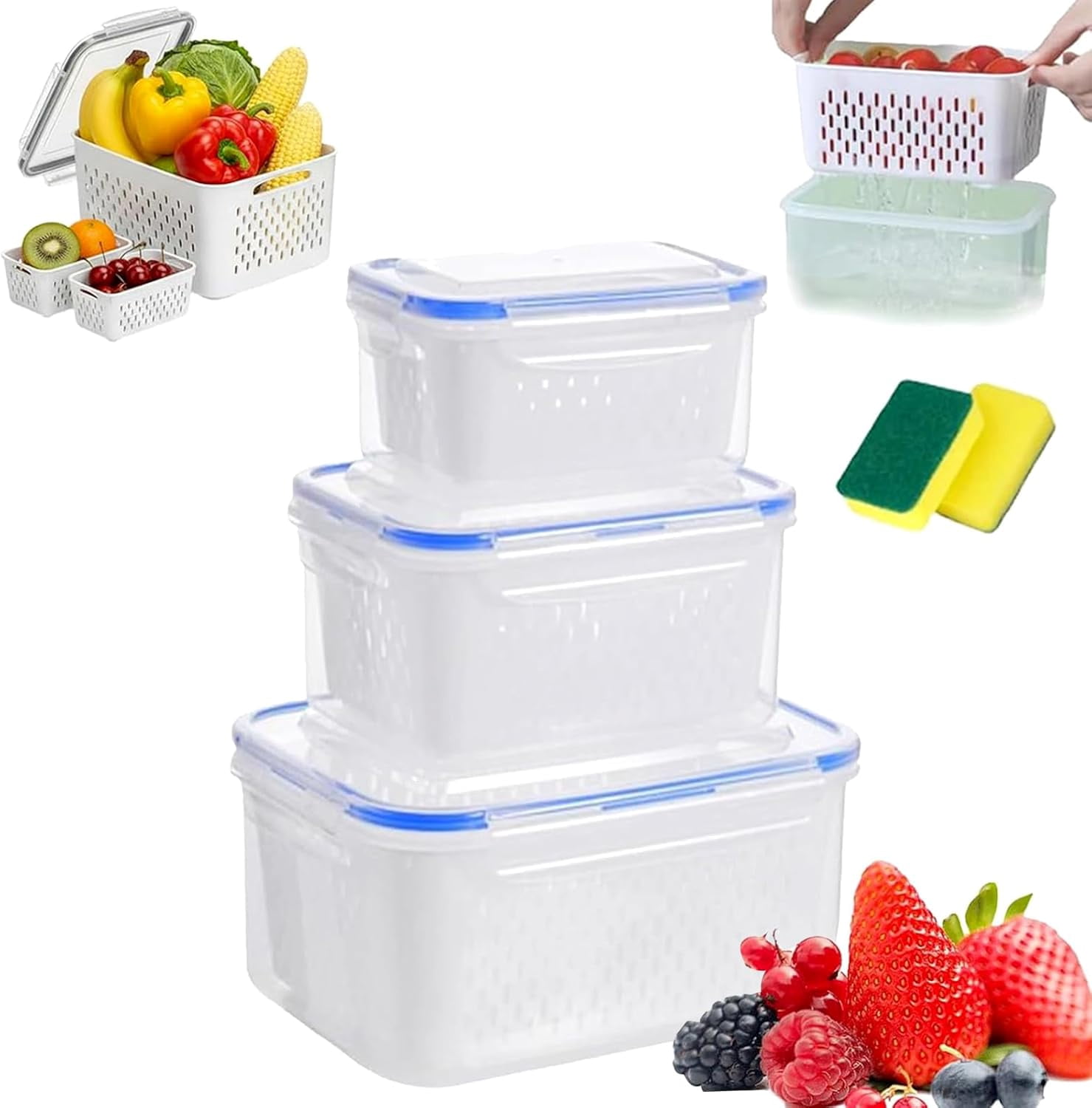 Food Storage Containers For Fridge With Removable Colander, BPA Free Produce Saver, Transparent Fruit Box with Drain Basket for Veggies and Kitchen