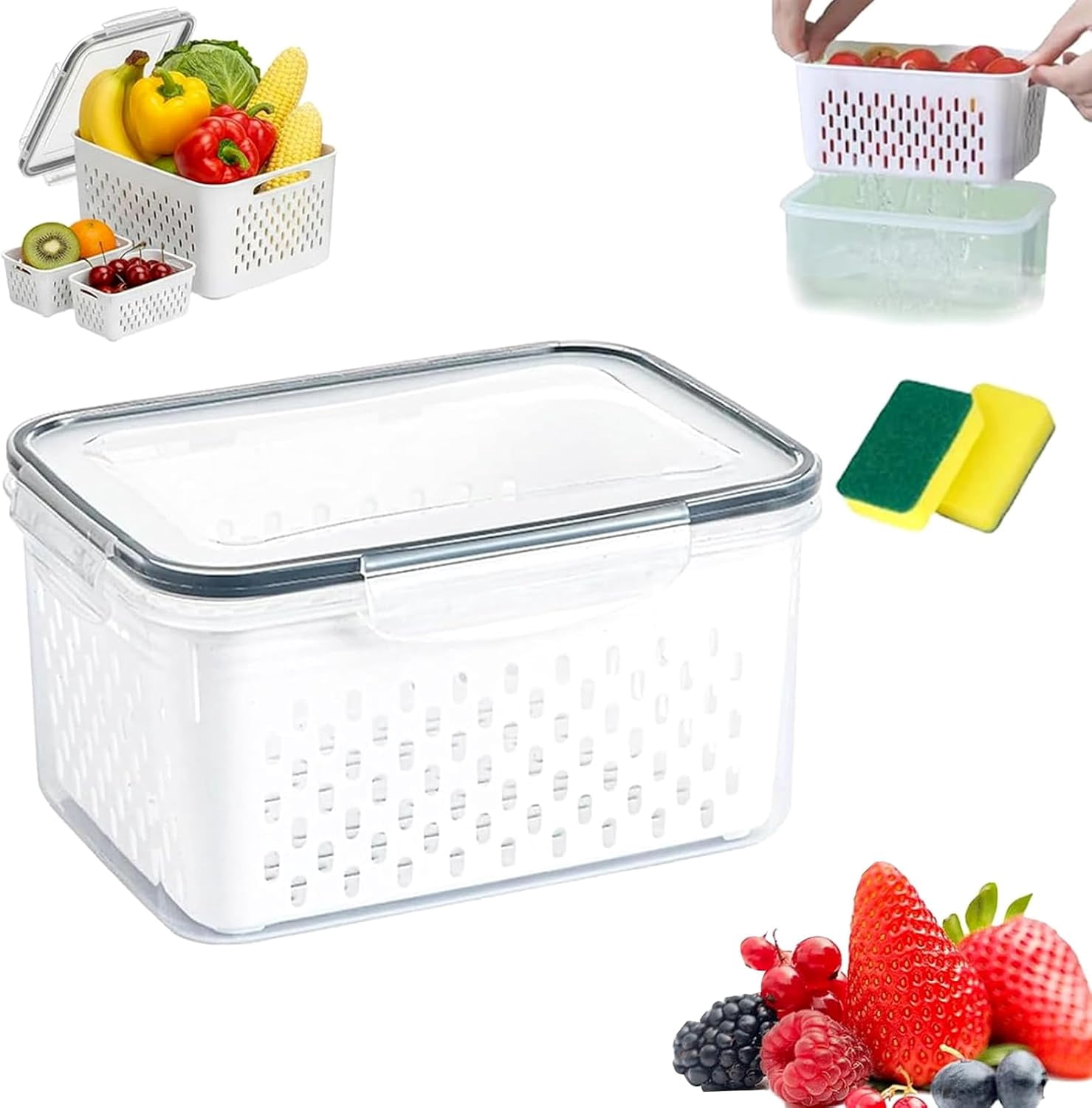 Food Storage Containers For Fridge With Removable Colander, BPA Free Produce Saver, Transparent Fruit Box with Drain Basket for Veggies and Kitchen