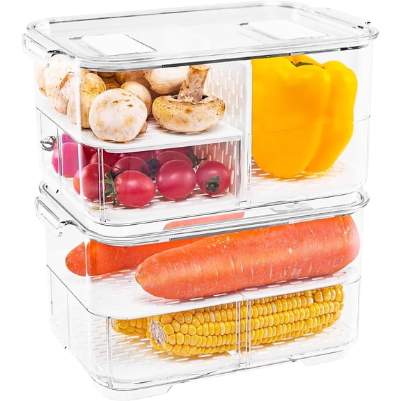 Food Storage Containers Fridge Produce Saver- Stackable Refrigerator Organizer Keeper Drawers Bins Baskets with Lids and Removable Drain Tray for Veggie, Berry and Fruits, 2 Large
