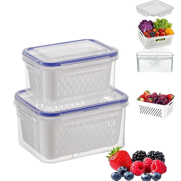 Food Storage Containers for Fridge with Removable Colander, 2026 Upgraded 4 in 1 Food Storage Container, With Lids Airtight, for Salad Berry Lettuce Vegetables Keeper Fresh