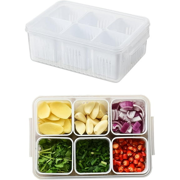 Food Storage Containers with Lids Airtight, Fridge Fresh-Keeping Container with 6 detachable small boxes, Portable Divided Fruit Storage Container Onion Ginger Garlic Cherry Storage