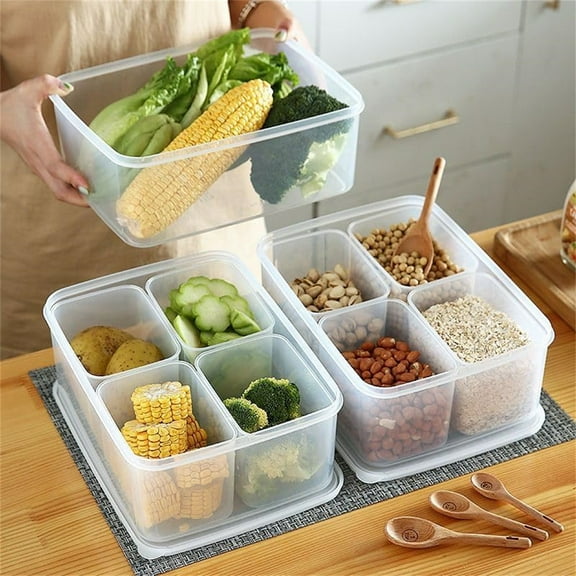 Food Storage Containers with Lids Airtight,Reusable Fresh Produce Fruit Storage Organizer, Refrigerator Food Fresh Box with 4 Detachable Small Boxes for Storing Fish, Meat, Vegetables,Grain