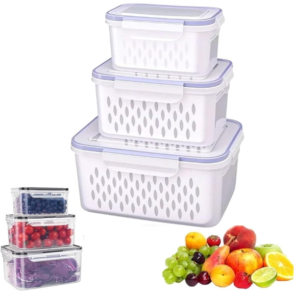 Food Storage Containers with Lids, Large Fruit Storage Containers for Fridge, Removable Basket Washes and Drains. Compact, Food-Grade, and AirtightNo Smells, No Leaks