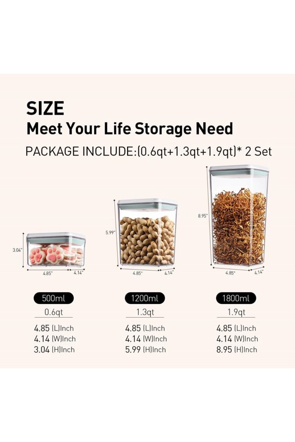 Food Storage Containers Set, 6Pcs Airtight Containers with Lids for Kitchen Pantry Organizers and Storage,One Button Opening BPA-Free Food Containers for Cereal Flour Sugar(0.6, 1.3, 1.9Qt)*2