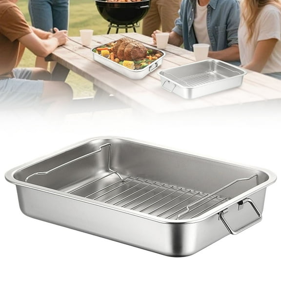 Food Storage Containers,Stainless Roasting Pan Turkey Roasting Baking Broiler Oven Pan With Rack And Handle For Oven High Induction Roast Tray For Chicken Vegetabl