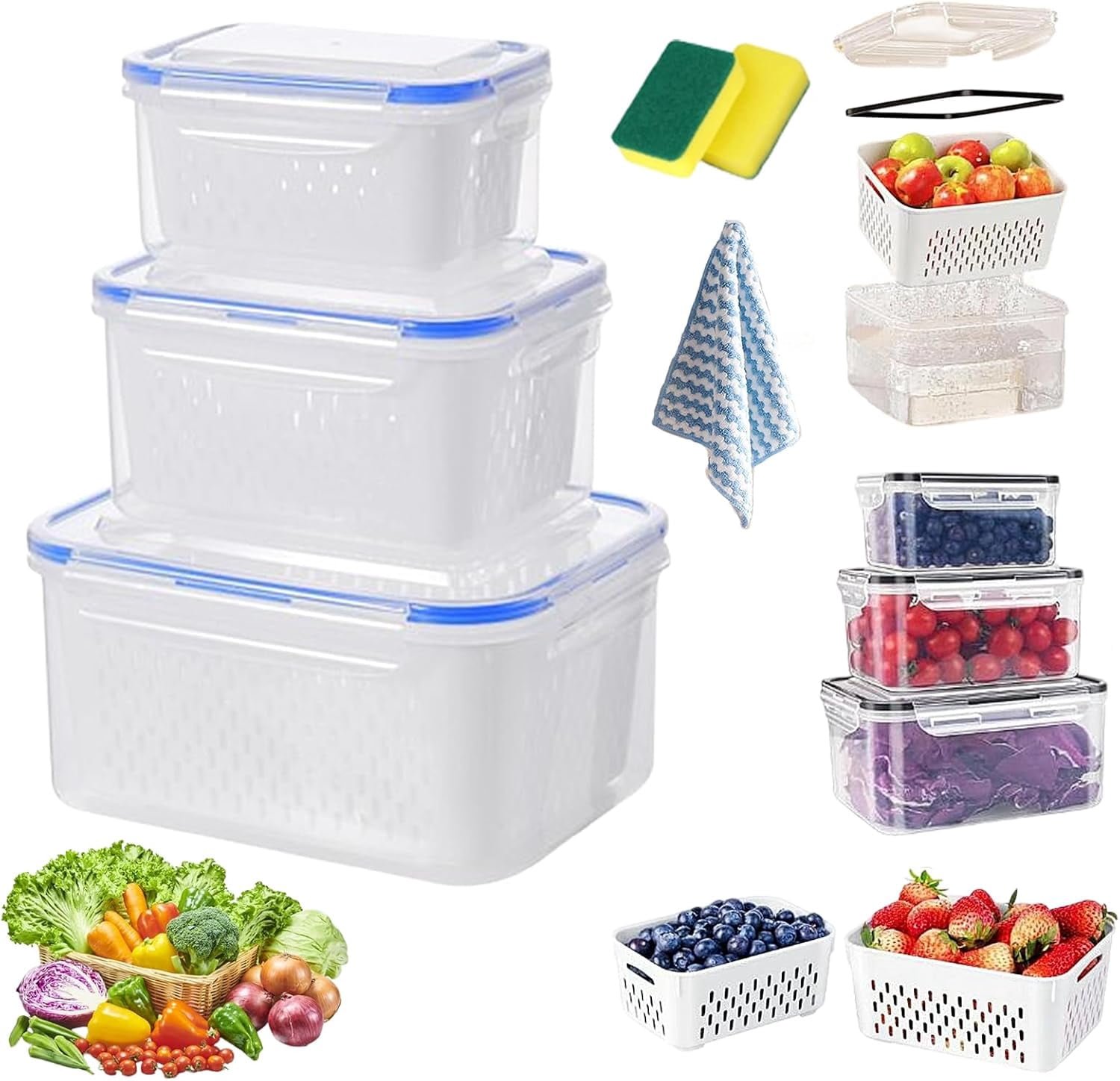 Food Storage Containers for Fridge with Removable Colander 4-in-1