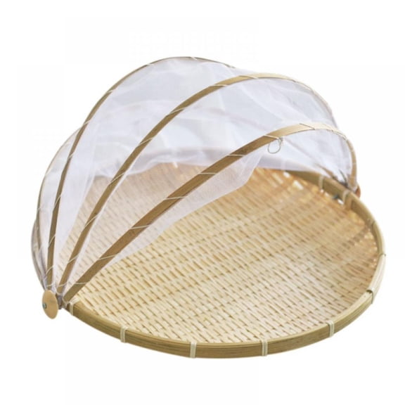 Food Storage Cover Hand-Woven Round Bamboo Serving Tent Basket Tray Fruit Vegetable Bread Storage Container With Mesh Cover