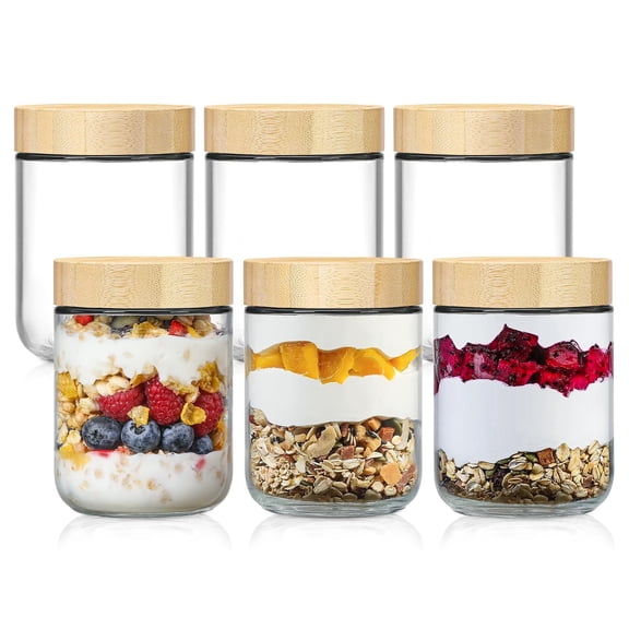 Food Storage Jars Natural6-16oz, 6-pack 16oz Airtight Glass Containers for Snacks, Yogurt, Spices, Salads