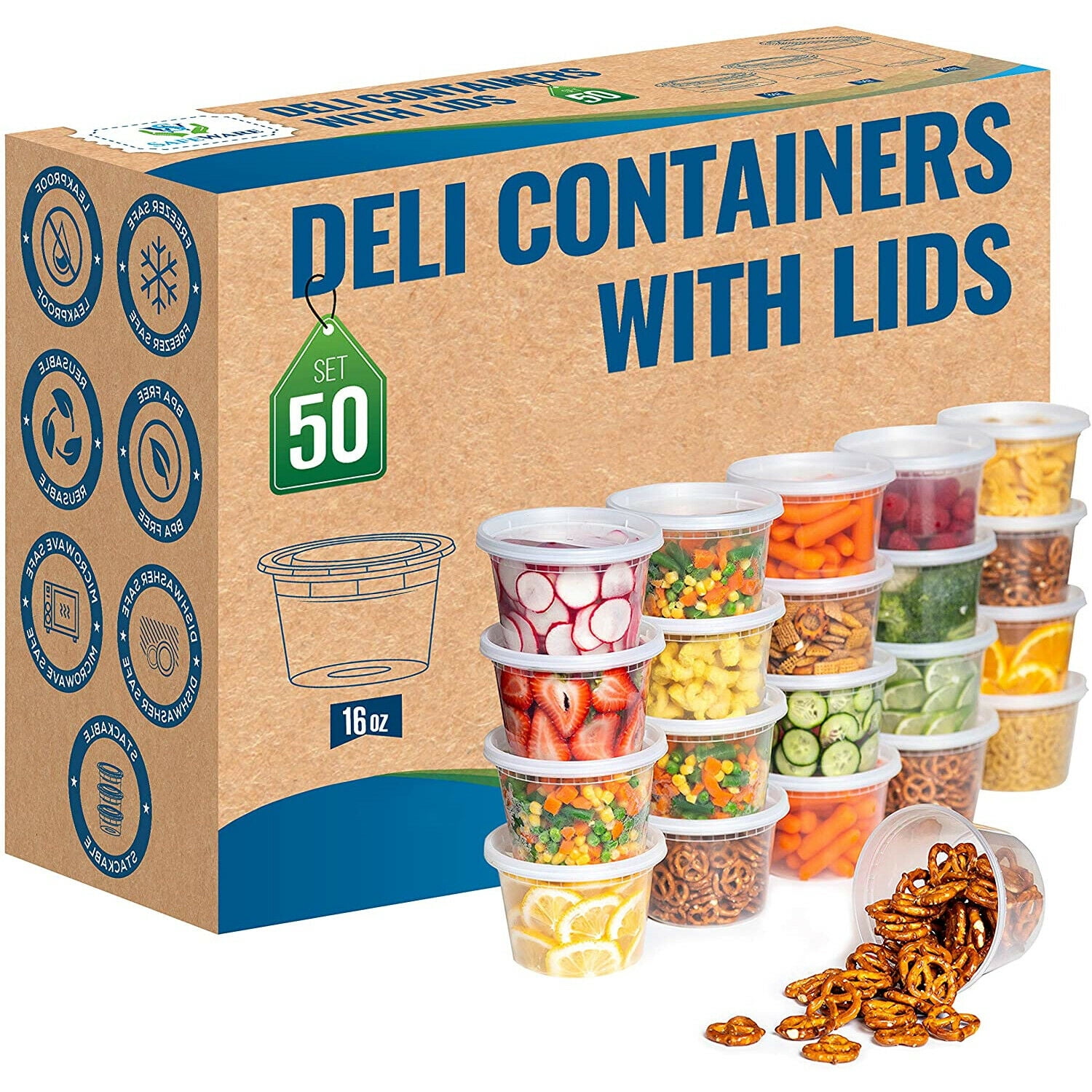 Food Storage Light Weight Deli Containers with Airtight lids Slime Small Round 16oz - 50 Pack