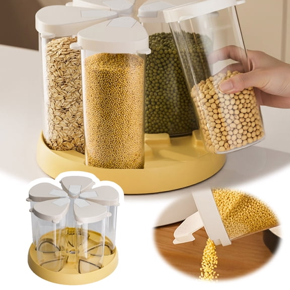 Food Storage Organizer for Kitchen and Home - Rotating Rice Dispenser Suitable for 6 Grain Containers and Tissue Holder Design