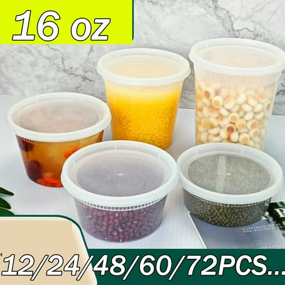 Food Storage Plastic Containers with Lids 16oz ~ Deli Soup Containers with Lids Disposable/Reusable Container Set Tubs for Meal Prep ~ Microwave/Dishwasher Safe