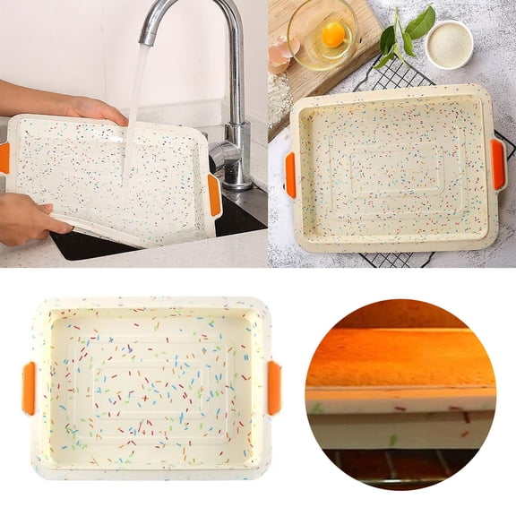 Food Storage Silicone Square Cake Pan with Non-Stick Bakeware Thickened Handle High HeatRated Bake Tray for Versatile Kitchen Use, 13.6×9.65×1.18 inch, Yellow