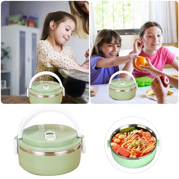 Food Storage - Thermal Lunch Stackable Stainless Steel Round Containers for Hot Meals with Insulated Sealed Design in Green, Green