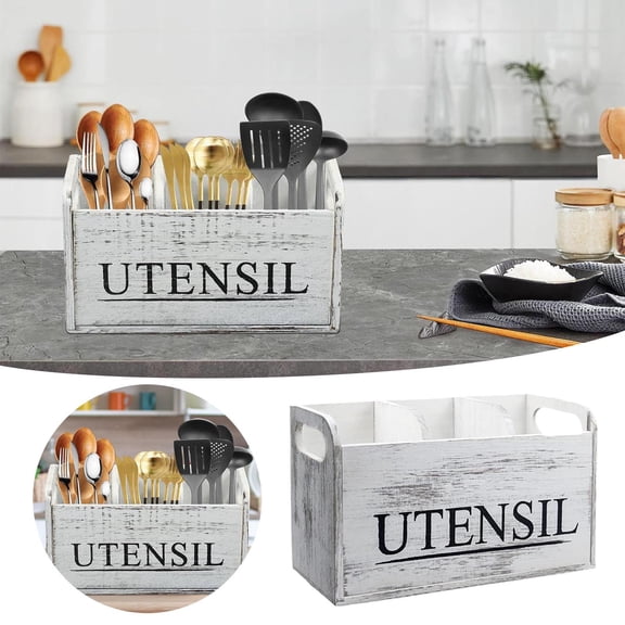 Food Storage White Kitchen Utensil Holder Wooden Countertop Organizer with Three Compartments Large Cooking Tool Caddy for Home Kitchen Organization, 10.63×4.13×6.10 inch, Grey