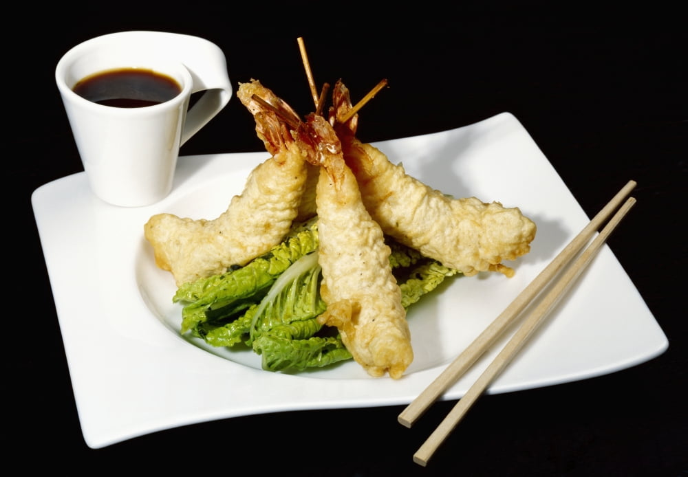 Food - Tempura Prawns and Ponzu Dip Ingredients include prawns tempura batter lime juice brown sugar Asian fish sauce soy sauce red chilies and cilantro Canvas Art - Ed Young Design Pics (17 x 11)