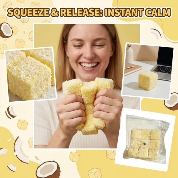 Food Themed Squishy Toys - Cute Coconut Milk Cube for Stress Relief, Slow Rising Squeeze Dessert Replica Perfect Novelty Gift or Desk Accessory