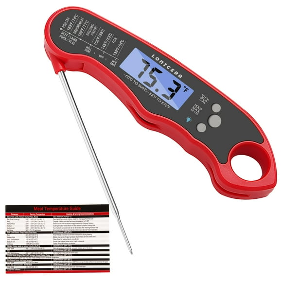 Food Thermometer Digital for Cooking, BBQ, Baking Fast Response Waterproof Meat Thermometer with Calibration, Foldable Probe, LED Screen, Red