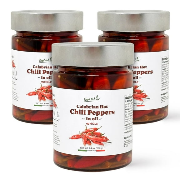 Food To Live Whole Long Calabrian Hot Chili Peppers in Oil, 280 gr  Spicy and Savory Italian Gourmet Seasoning for Pizza, Pasta and Rice. Vegan (Pack of 3)