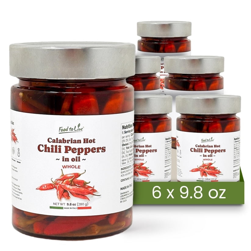 Food To Live Whole Long Calabrian Hot Chili Peppers in Oil, 280 gr – Spicy and Savory Italian Gourmet Seasoning for Pizza, Pasta and Rice. Vegan (Pack of 6)