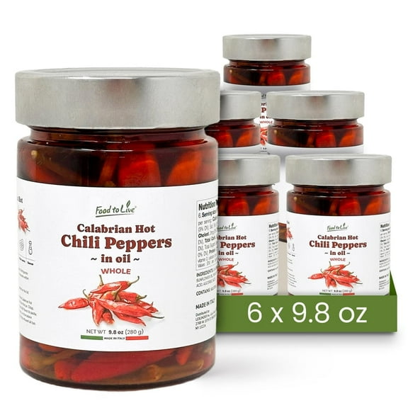 Food To Live Whole Long Calabrian Hot Chili Peppers in Oil, 280 gr  Spicy and Savory Italian Gourmet Seasoning for Pizza, Pasta and Rice. Vegan (Pack of 6)