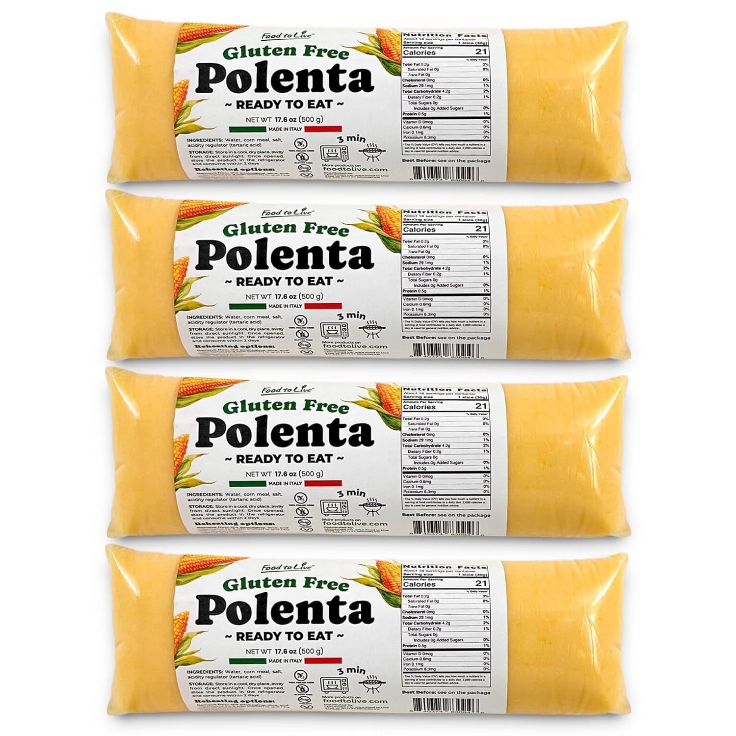 Food To Live Gluten-Free Polenta Ready To Eat, 17.6oz (500g) – Traditional Italian Pre-cooked Yellow Cornmeal, Vegan (Pack of 4)