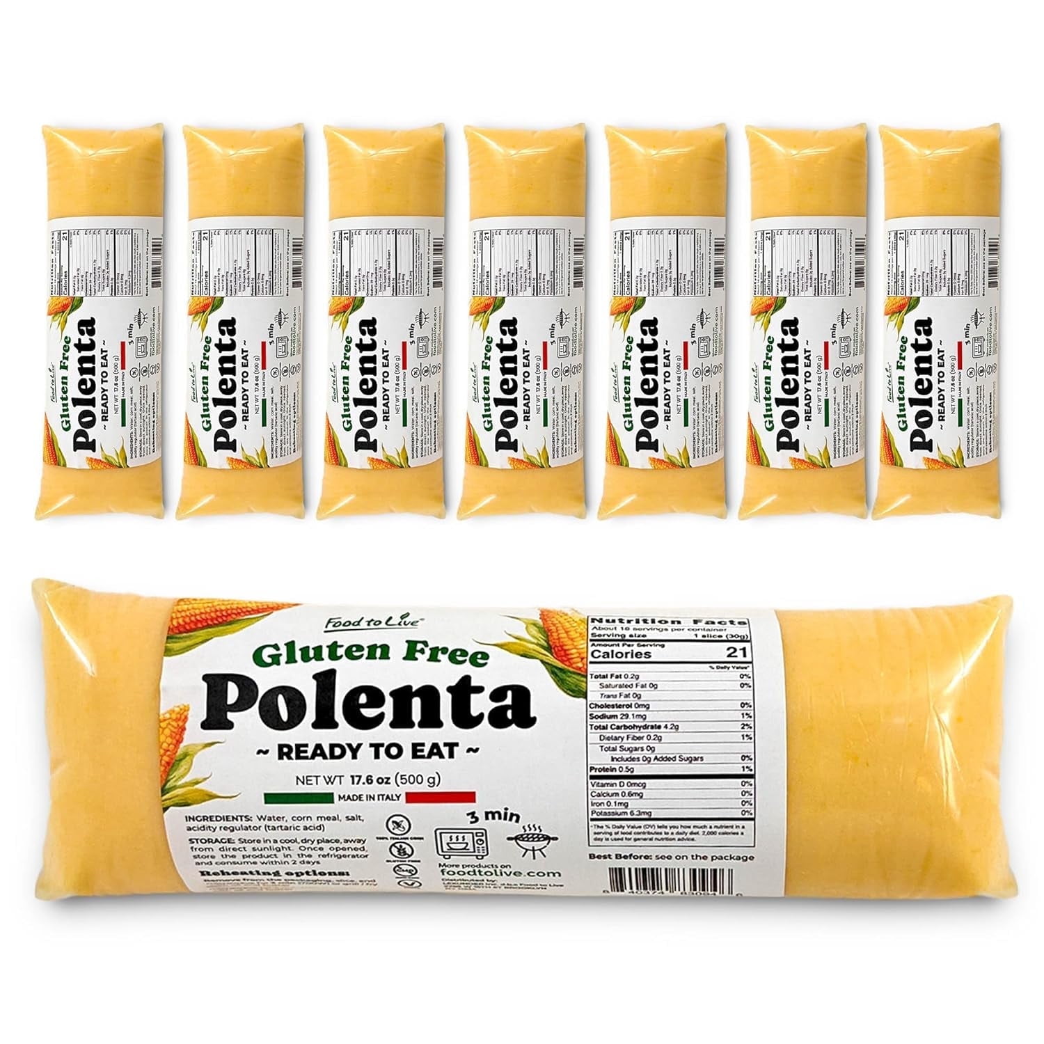 Food To Live Gluten-Free Polenta Ready To Eat, 17.6oz (500g) – Traditional Italian Pre-cooked Yellow Cornmeal, Vegan (Pack of 8)