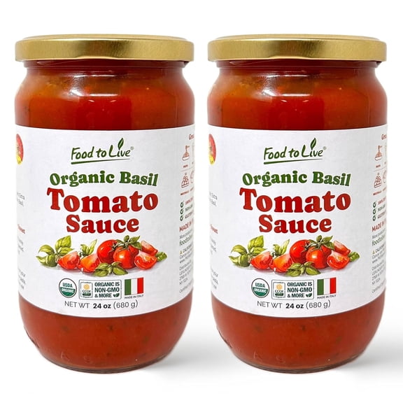 Food To Live Organic Basil Tomato Sauce, 24oz (680g) Authentic Italian Pasta Sauce, No Added Sugar, Non-GMO, Vegan (Pack of 2)