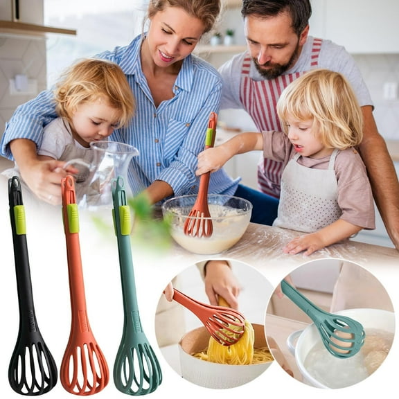 Food Tongs Whisk, 2-in-1 Multifunctional Kitchen Tool for Mixing and Serving, Handheld Plastic Nylon Utensil with Locking Handle and Storage Hook, Topliu