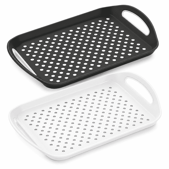 PLERISE Non Slip Food Tray with Handles - for Couch, Dinner, Serving - Black & White - 2 pack