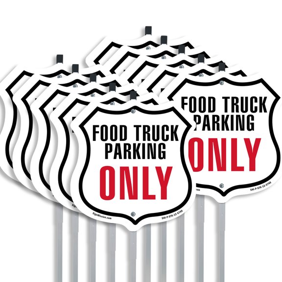 Food Truck Parking Only (10 Pack) 12 inch X 12 inch Shield Shaped Rust-Free Aluminum Metal Signs with Aluminum Mounting Stakes Weather Resistant Made in the USA
