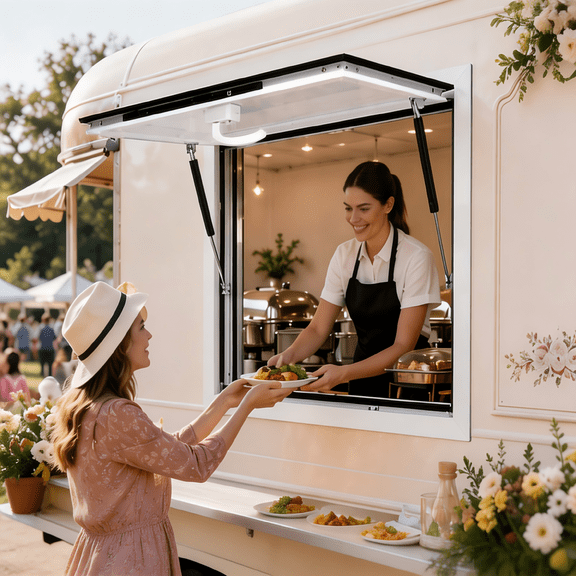 Food Truck Service Window,48"x36" Aluminum Alloy Concession Window with Dual Gas Struts,Lockable RV Window for Event Concessions & Catering