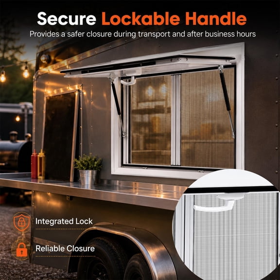 Food Truck Ventilation Window with Sliding Screen, Aluminum Rain & Sun Shield, Hydraulic Rod 85 Stay-Open, Drag Hook, Lockable Handle, 36x24 for Trailers & Snack Bars
