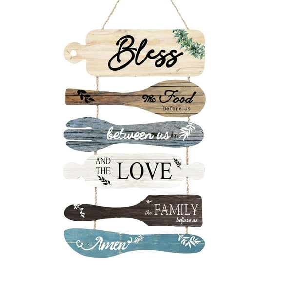 Food Before Us Kitchen Dining Room Wall Decor Neutral Tone Rustic Wooden Signs 6-Piece Collage Style Art With Hanging Cord Engraved Inspirational Quotes For Family Gathering