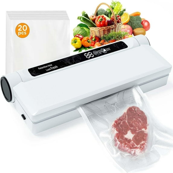 Food Vacuum Sealer Machine with 20 Bags, 75KPA Strong Suction, Dry/Wet Modes, Digital Timer, Compact & Easy to Use, Extends Freshness for Meat, Vegetables, Snacks, Home Kitchen Use