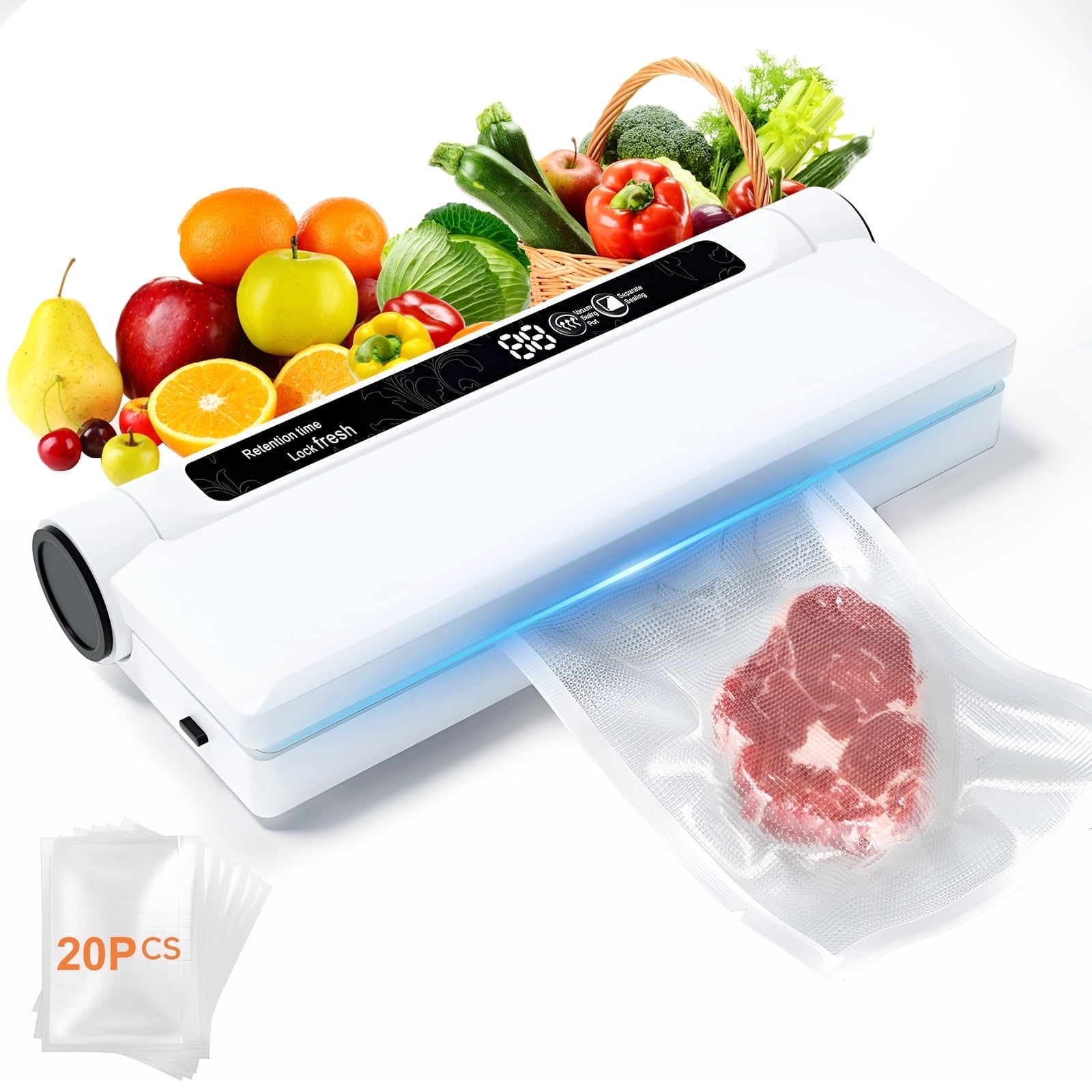 Vacuum Sealer, 62Kpa Strong Suction Food Sealer Machines, Dry/Wet Modes with 20 Vacuum Sealer Bags for Kitchen Storage & Meal Prep, Digital Countdown Timer, Compact Design