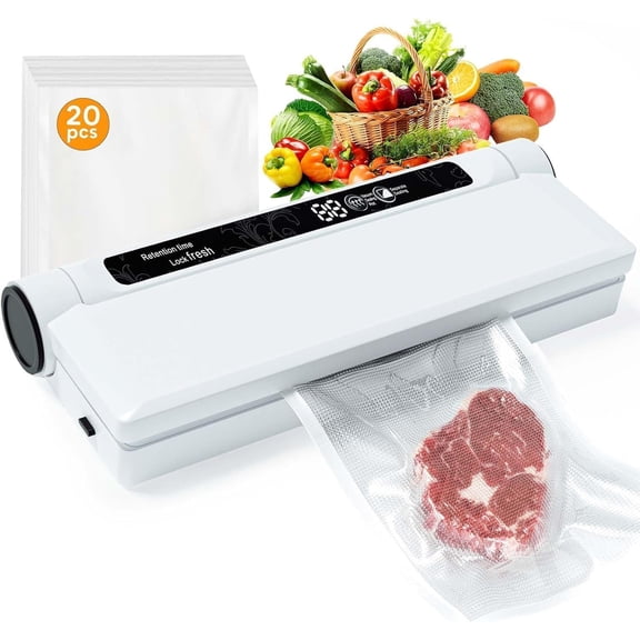 Food Vacuum Sealer Machine, 75KPA Strong Suction, Dry/Wet Modes, 20 Vacuum Seal Bags for Food, Digital Countdown Timer, Compact Lightweight, Ideal for Home Kitchen Use