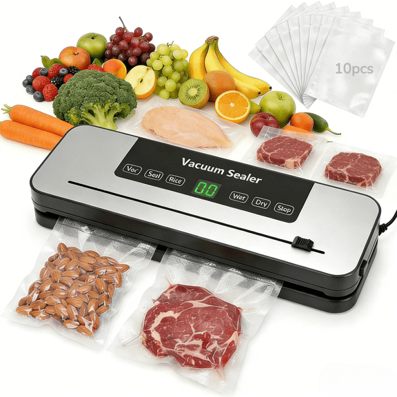 Food Vacuum Sealer Machine, 8-in-1 Multifunction, 10s Fast Sealing for Dry & Moist Food, Compact Design with Built-in Cutter & 10 Vacuum Bags,White