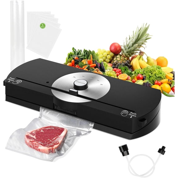 Food Vacuum Sealer Machine, 90KPA with Kitchen Scale, One-Touch Automatic, Multiple Modes ​ ​ , with 10 Sealer Bags and 1 Roll, Built-in Cutter, Black