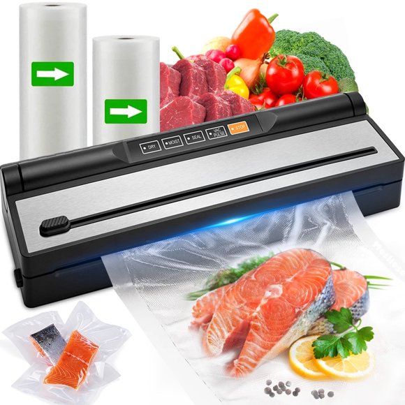 Food Vacuum Sealer Machine, Auto&Manual Food Sealer with 2 Rolls Food Vacuum Sealer Bags for Food Preservation, Food Storage Saver Dry & Moist Food Modes, Built-in Cutter, LED Indicato