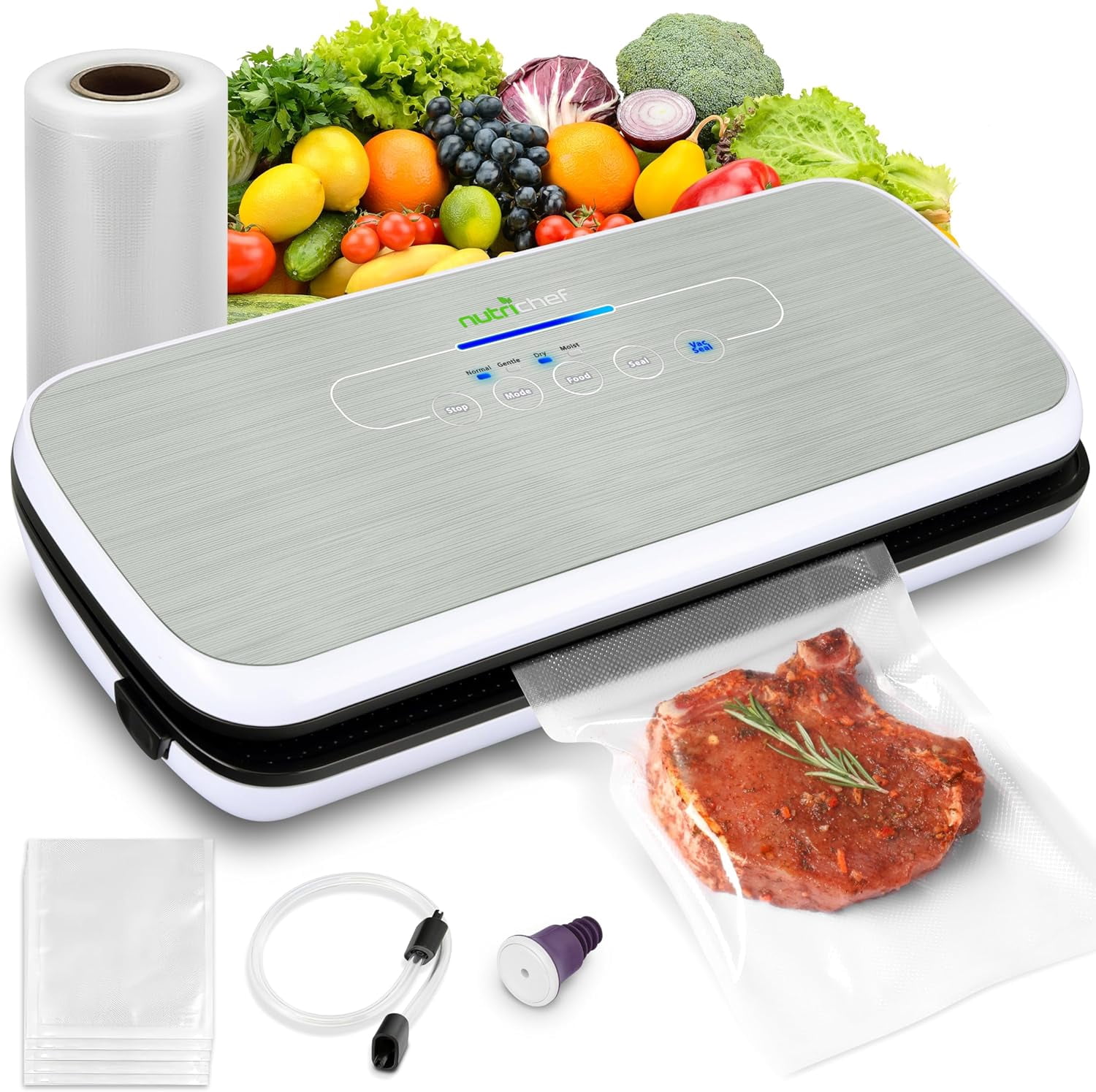 Food Vacuum Sealer Machine - Automatic Air Sealing System for Dry & Moist Foods, LED Touch Controls, Includes Vacuum Bags, Hose & Wine Stopper, High Suction Power, 14"x6"x3", Silver